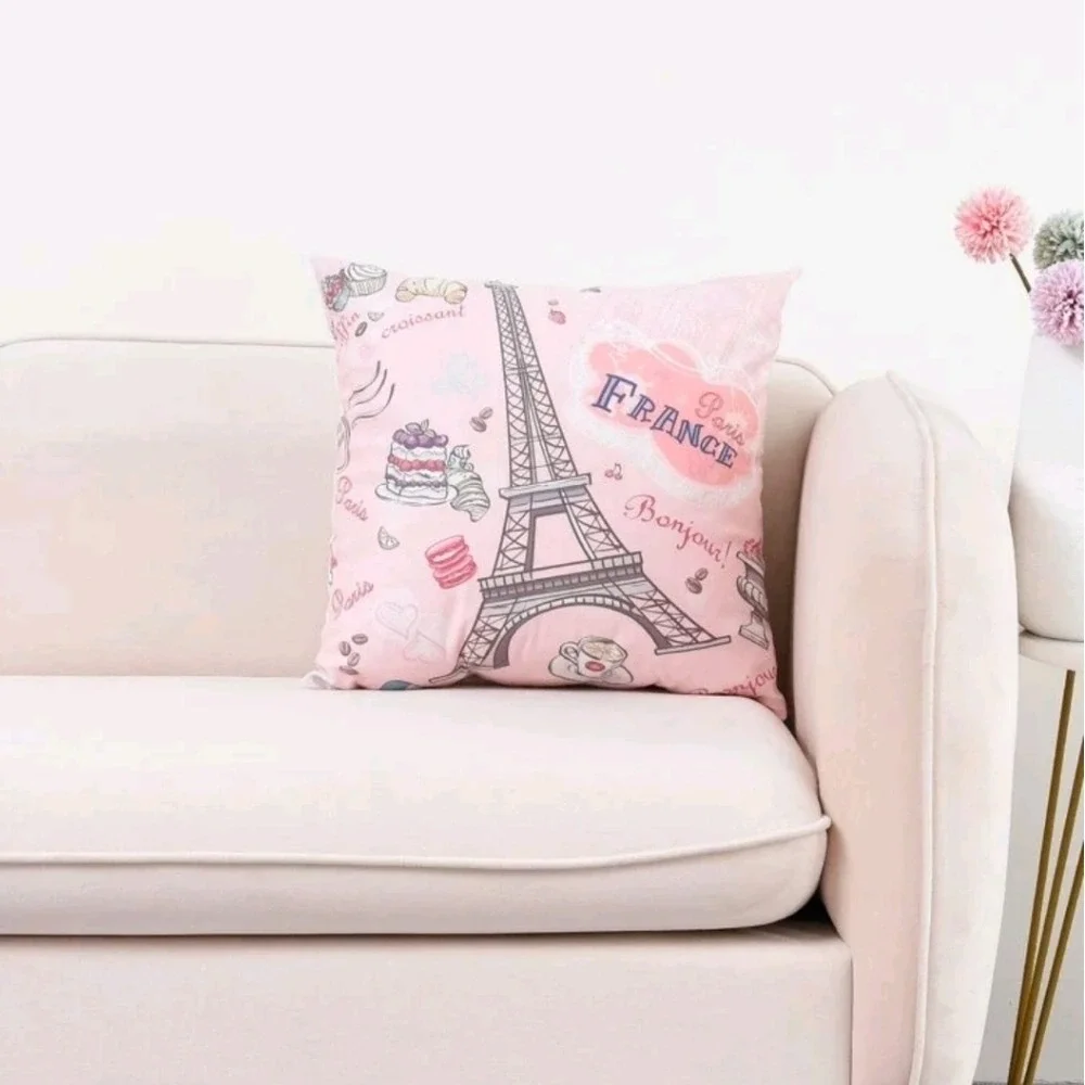 Throw pillow Cover Case set of 2 Boho Decorative Pink Eiffel tower Paris French